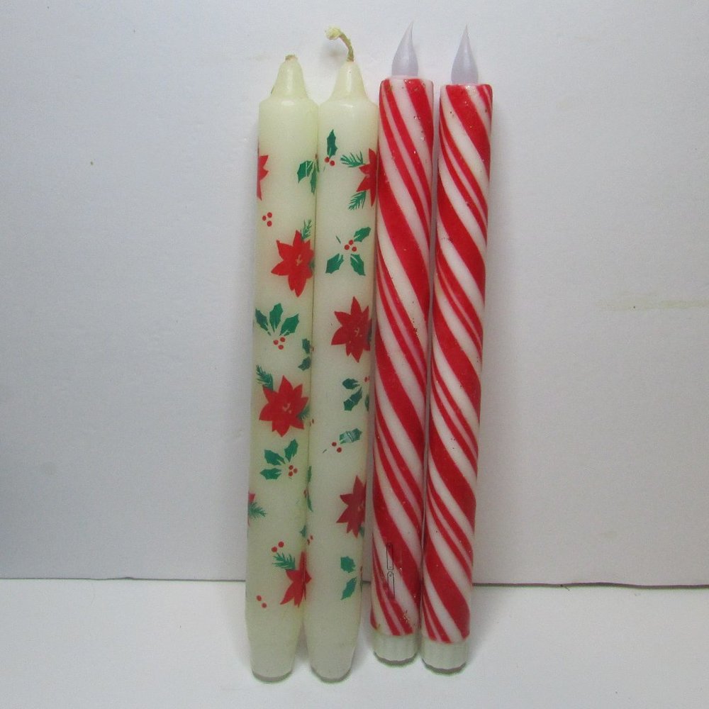 2 sets Christmas candle sticks battery operated candy cane and Avon poinsettias
